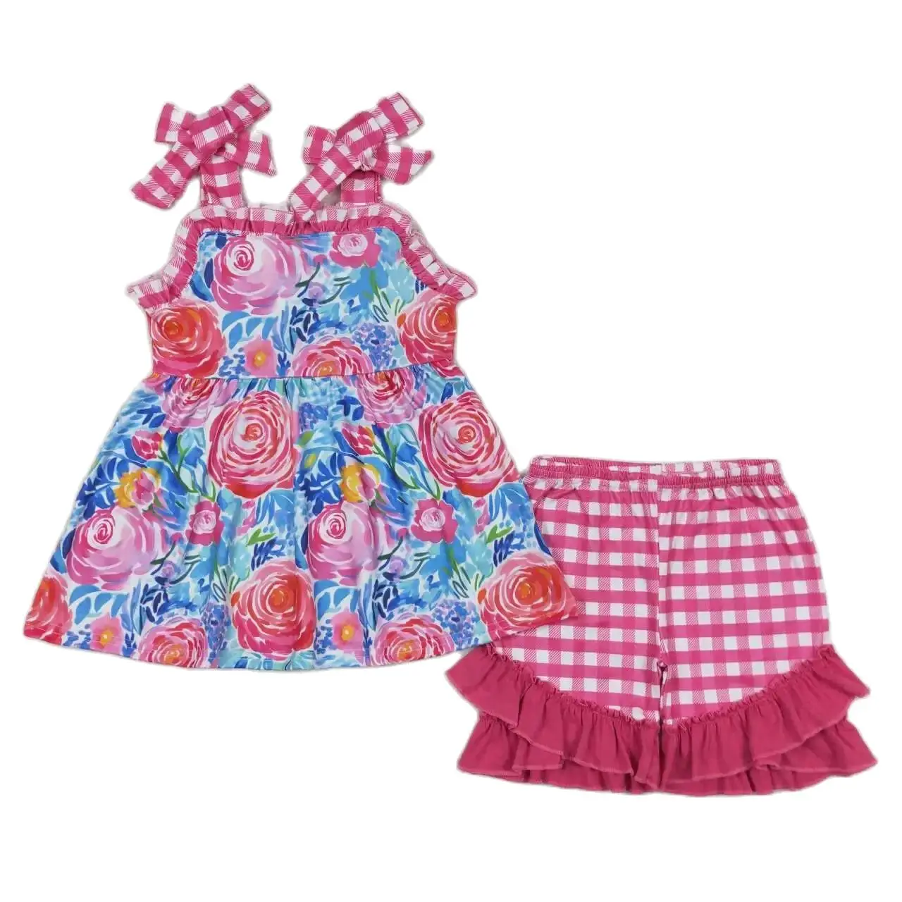 

Wholesale New RTS Toddler Baby Boutique Outfits Children Strap Watercolor Flower Ruffle Shorts Set Kids Girls Applique Clothes