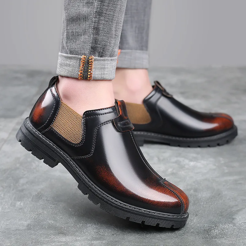 Men's Casual Shoes Leather 2021 Spring British Workwear Trendy Soft Top Big Head Retro Leather Shoes PU Men Shoes Coffee