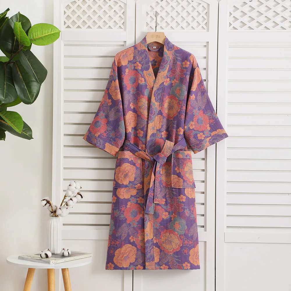 2024 Summer Couple Dressing Gown Vintage Loungewear Double Layer Gauze Bathrobe Men Shower Robe Women V-neck Kimono Sleepwear