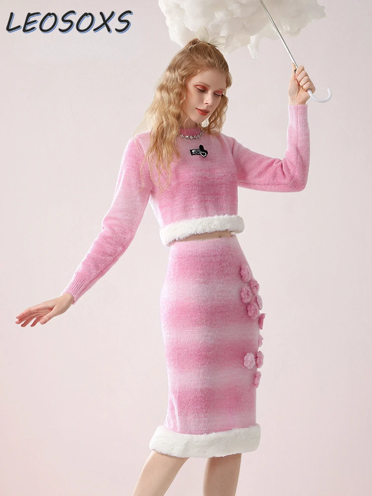 2023 Winter New Sweet Romantic Pink Gradient Sweater Suit Outfits Soft Glutinous Long Skirt Pullover Short Knitted 2 Piece Set