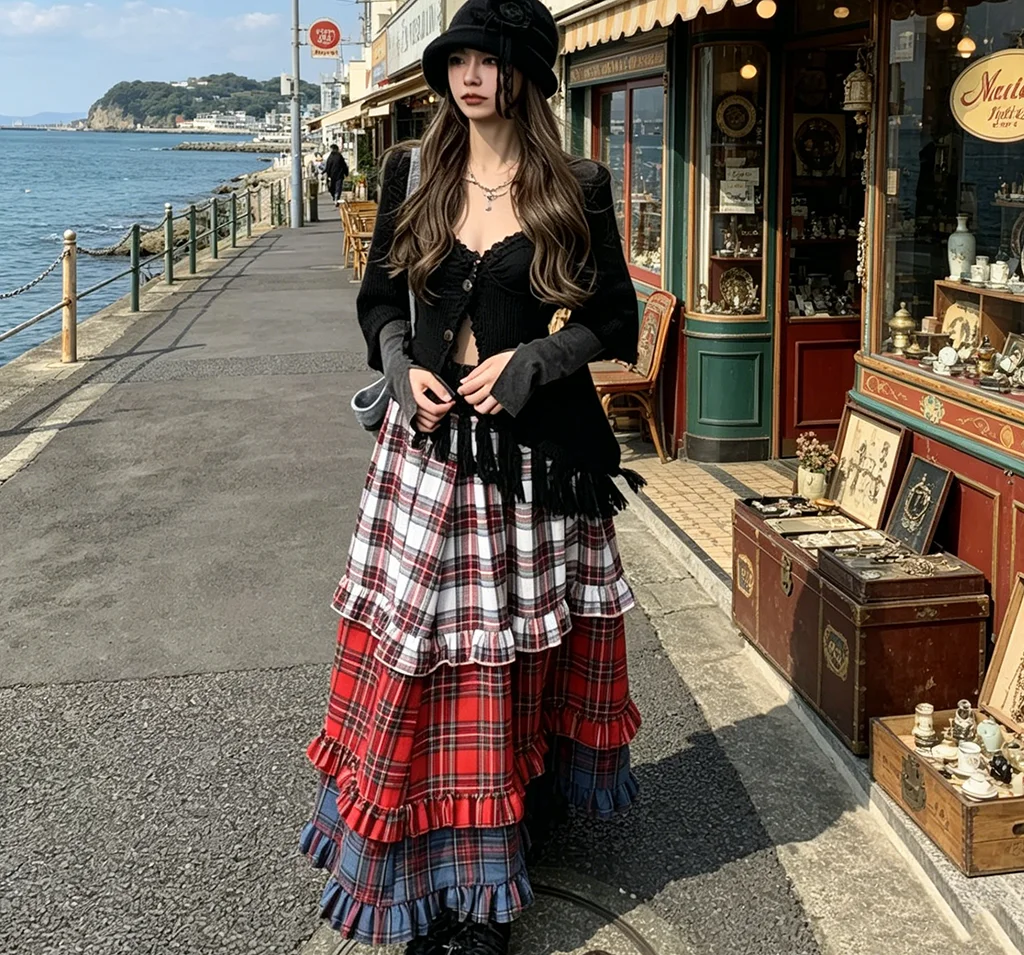Retro Tartan Tiered Midi Skirt Women  Plaid Colorblock Ruffle Layered Maxi Skirt Gothic Dark Academia Aesthetic Casual Skirt