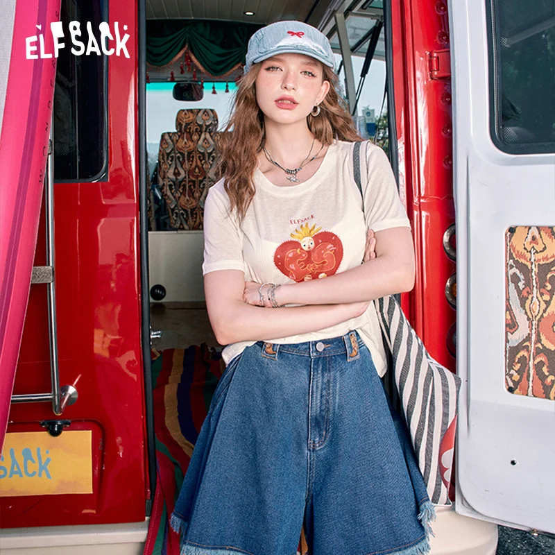 ELFSACK-Shorts jeans retro azul profundo para mulheres, jeans casual de comprimento médio, franjados, verão, novidades, 2022