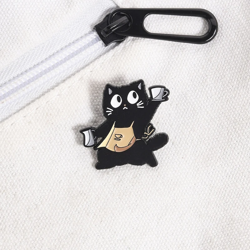 Barista Black Cat Enamel Pin Cartoon Cat Brooches Apron Animals Lapel Badge For Backpacks Bags Adorable Gift For friends view 2