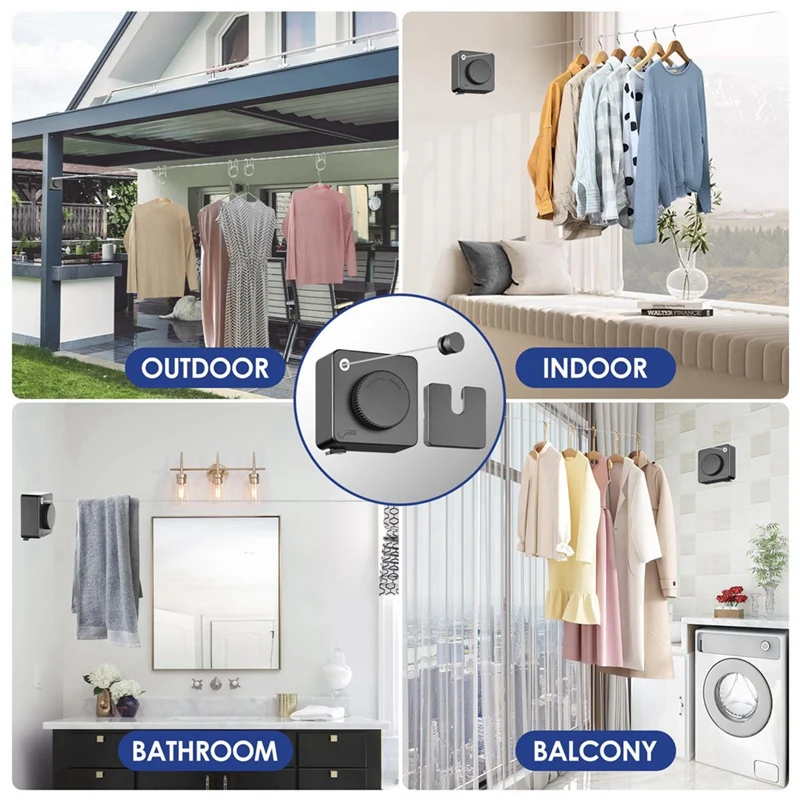 실내 실외 개폐식 빨랫줄, 헤비 듀티 의류 건조 세탁 라인, 벽걸이 빨랫줄, 14Ft