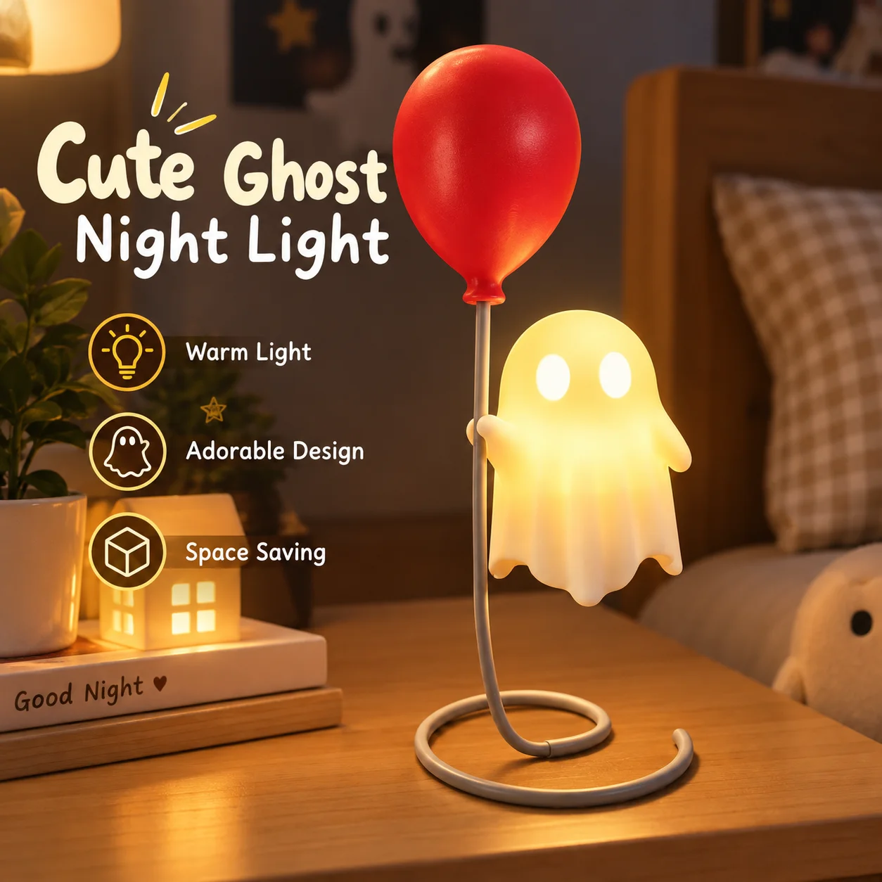 Creative Ghost With Balloon Night Light Halloween Decorative LED Table Lamp Desk Bedside Bedroom Room Decor Atmosphere Lamp