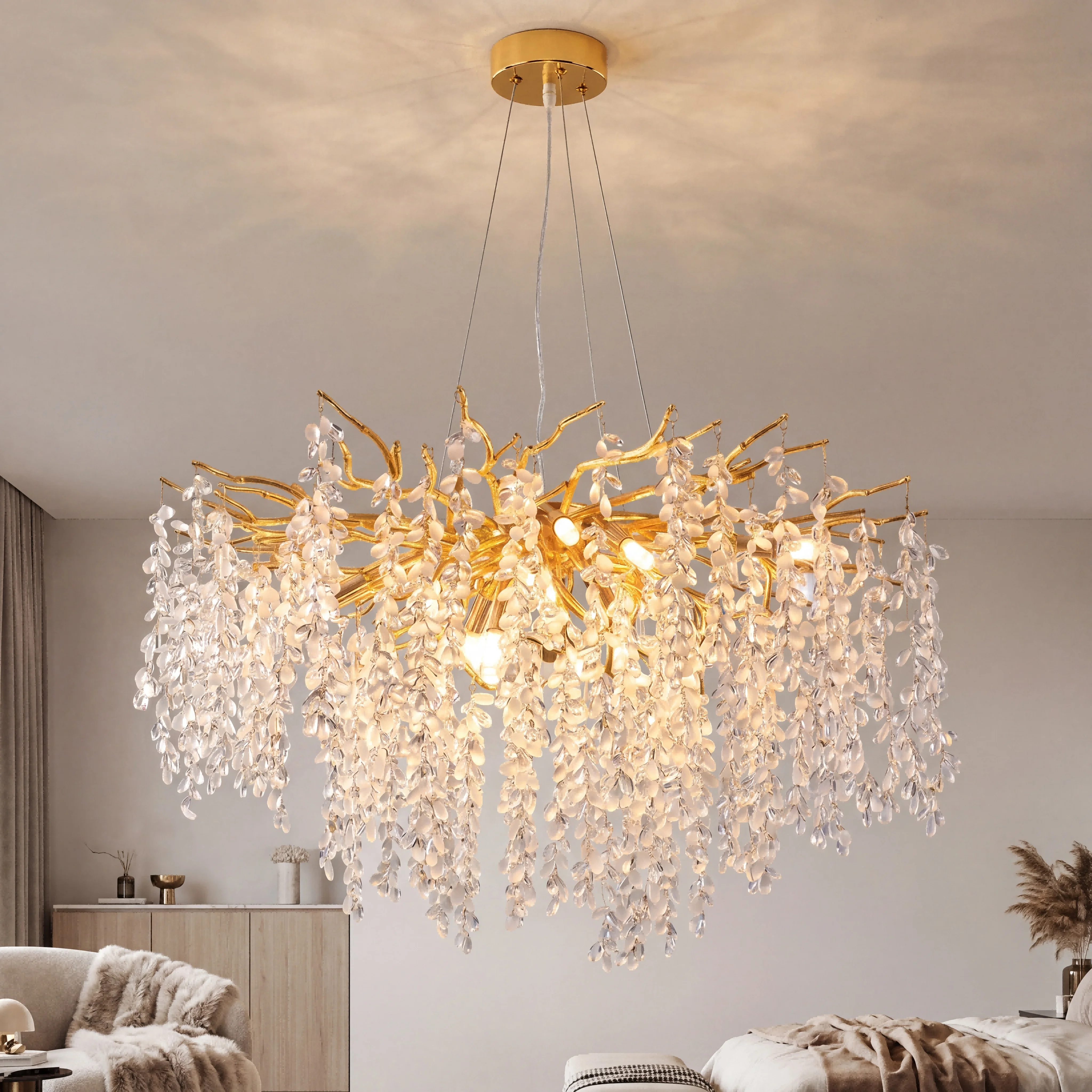 Moderner Kristall-Kronleuchter in Gold-Baumzweig-Optik, 8-flammige K9-Kristall-Deckenleuchte für Wohnzimmer/Esszimmer/Schlafzimmer/Foyer