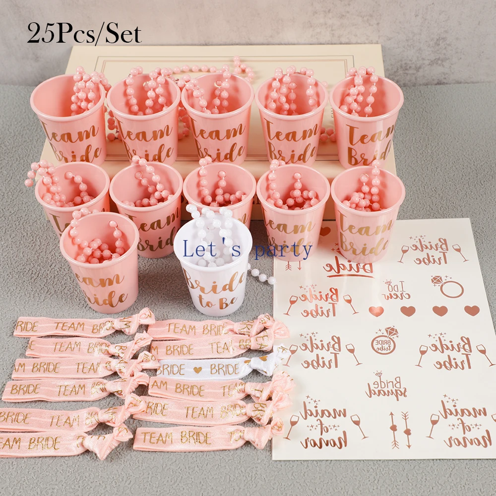 25Pcs/Set Team Bride Drinking Cups Wristbands Tattoo Bachelorette Bridal Shower Party Gift Bride To Be Wedding Hen Party Decor