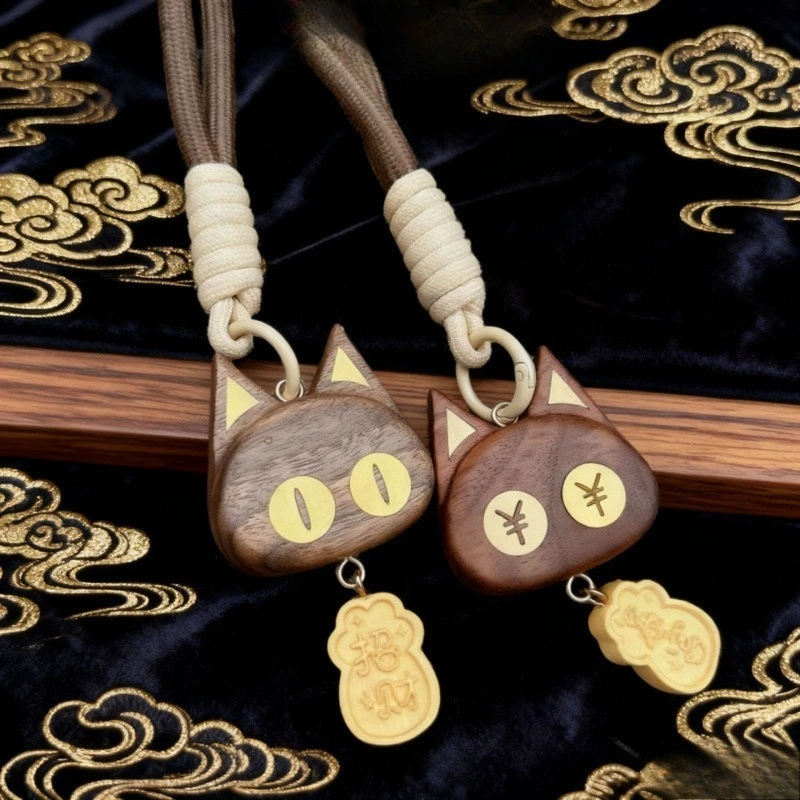 1 PC Wood Carved Cat & Fish Pendant With Tassel Cute Animal DIY Keychain Portable Bag & Wenwan Accessory Unique Birthday Present