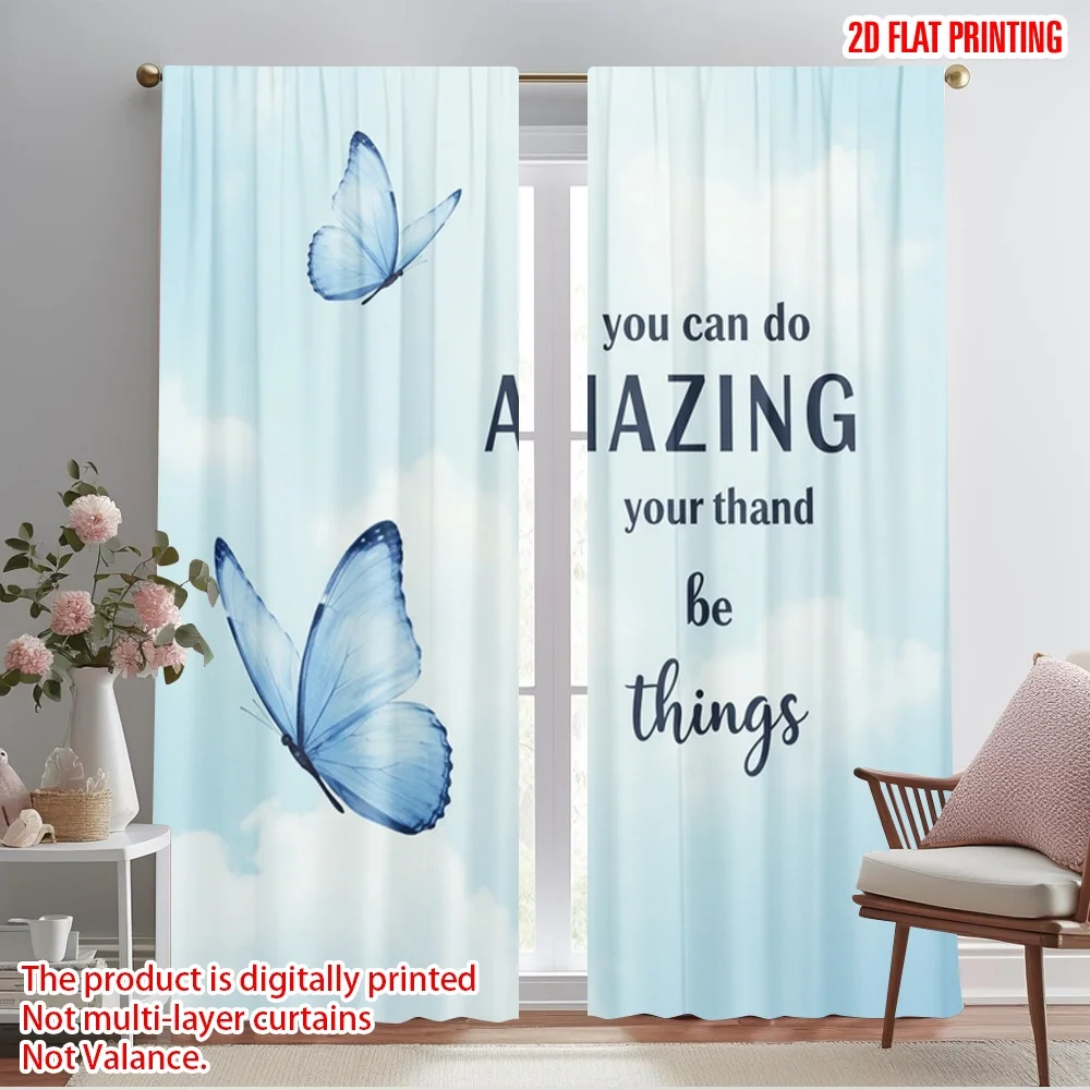 

2pcs 2D flat printing Drapes Beautiful Blue Butterflies Amazing Things Fabric Without Electricity All Season Party & Holiday