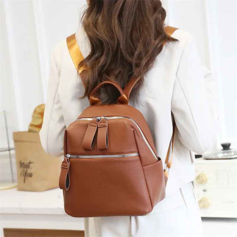 Minimalist PU Soft Leather Backpack  for Women Fashion Multipurpose Handbag Ladies Shoulder Bag with Front Back Zipper pock