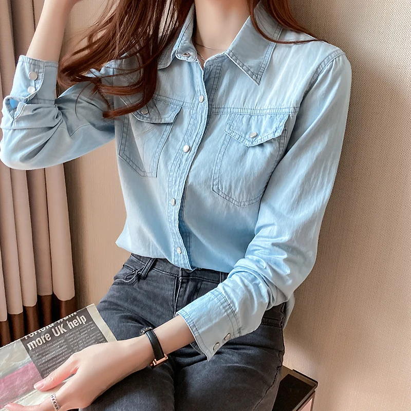 #3120 Vintage Casual Blue Denim Shirt Women Long Sleeve Office Womens Tops And Blouses Slim Fit Jeans Shirt Female Spring Autumn