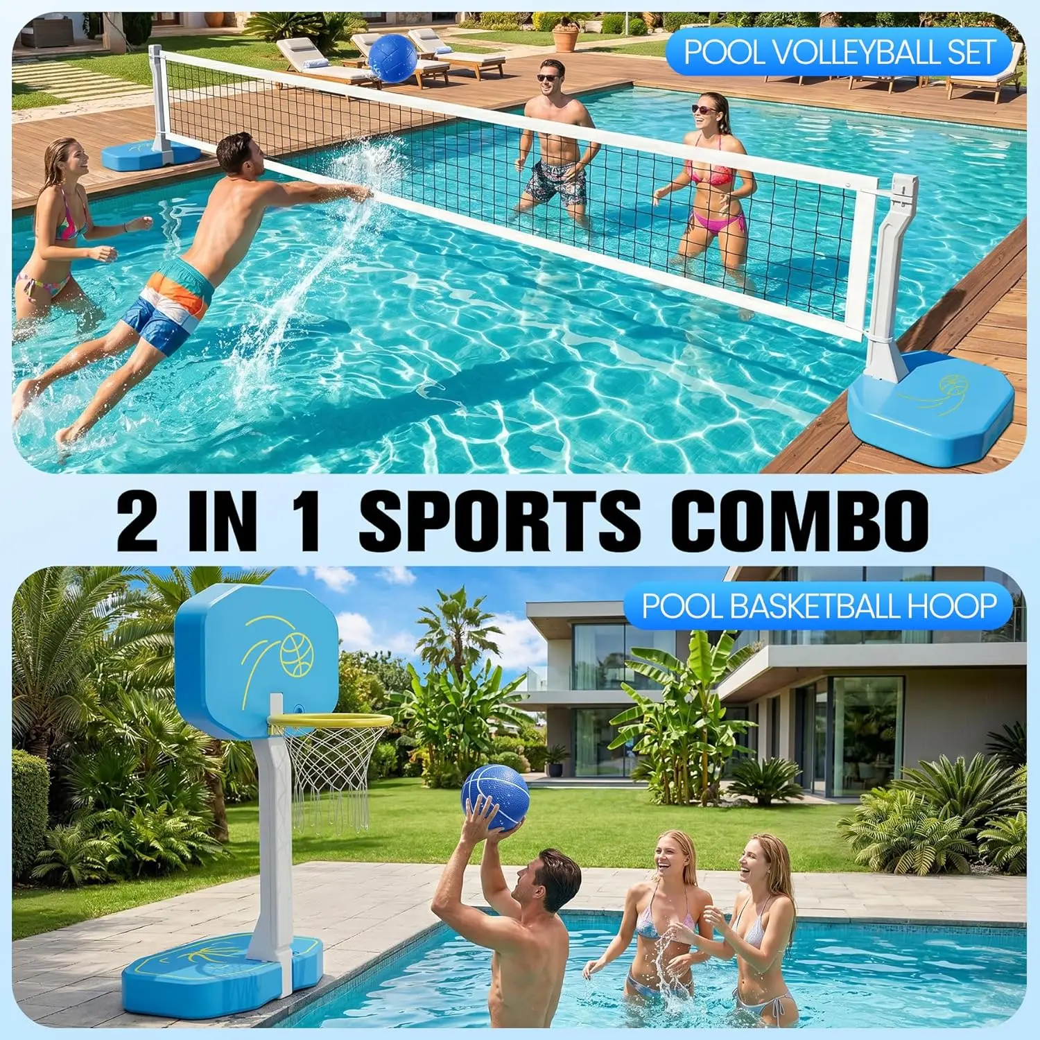 Oversized 2-in-1 Swimming Pool Basketball Hoop and Volleyball Net Set, Water Basketball Hoop with 3 Balls, Poolside Basketball Game for Family Fun