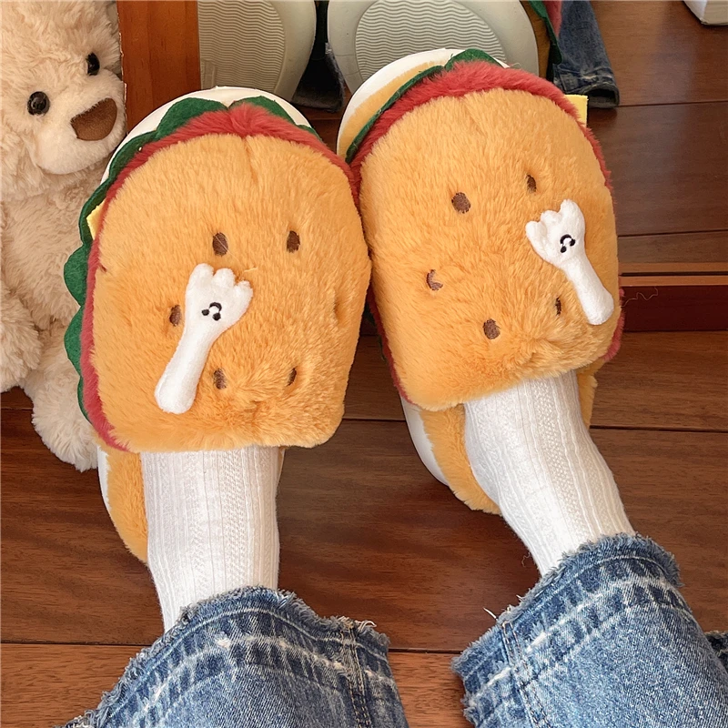 شباشب هامبورغ النسائية 2025 شتاء موضة جديدة لطيف جولة تو نعل سميك التباين اللون باوتو الجلد المدبوغ النعال المنزل #2