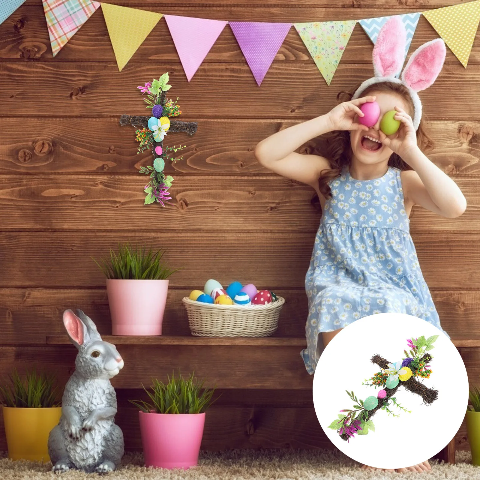 

Cross Rattan Easter Wreath Small Size Front Door Wall Hanging Decor Indoor Outdoor Spring Door Decor Easter Wreath