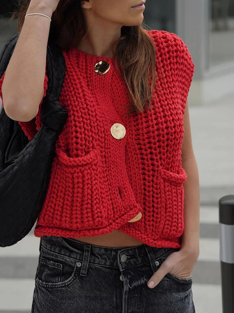 Women\'s Chunky Vest Red Soft Knit Gold Button Pocket Front Sleeveless Cozy Sweater Vest Cardigan Top Street Style Outfit