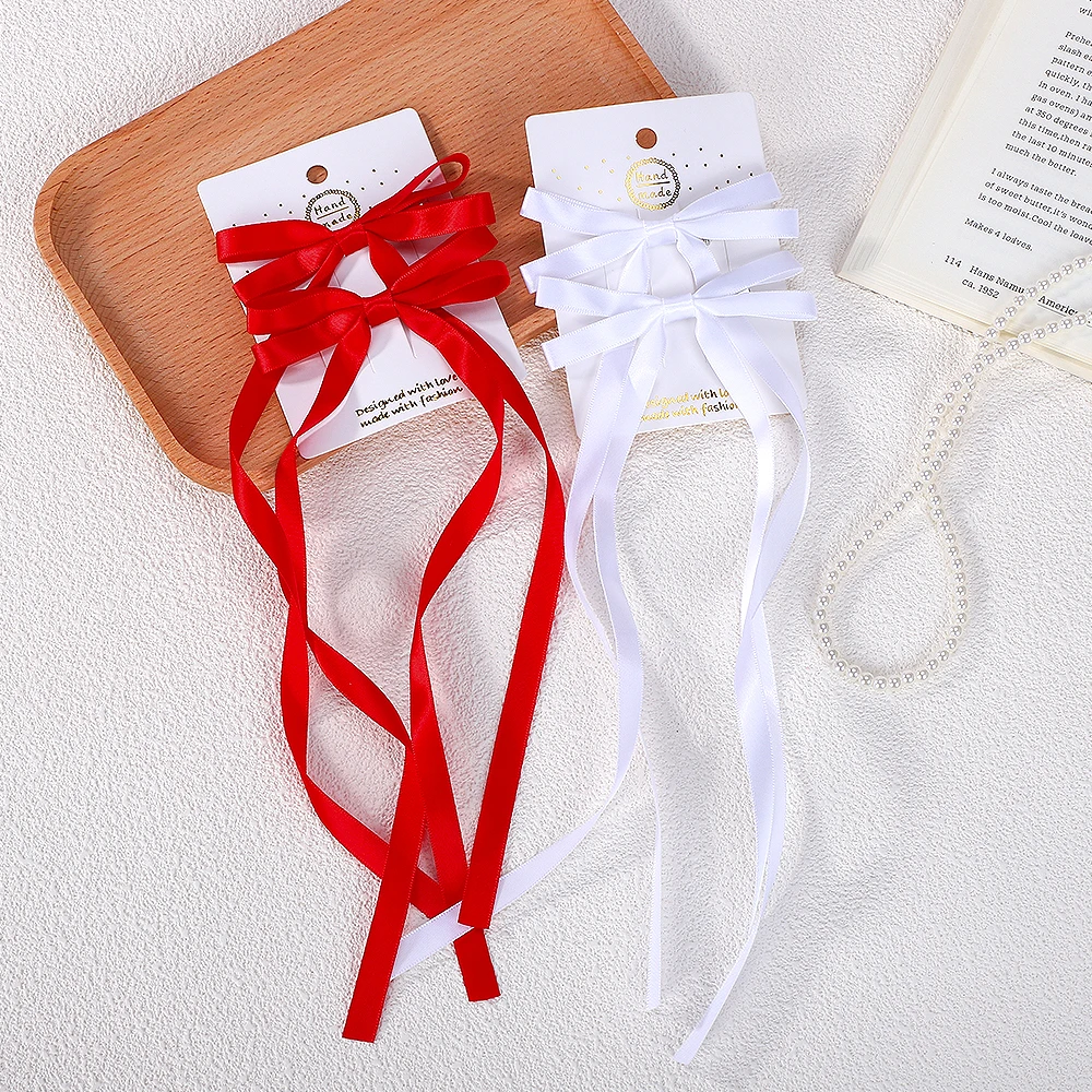 2Pcs/Set Long Ribbon Bow Hair Clips Women Girls Headwear Black White Bow Top Clip Children Female Hairpin Hair Accessories