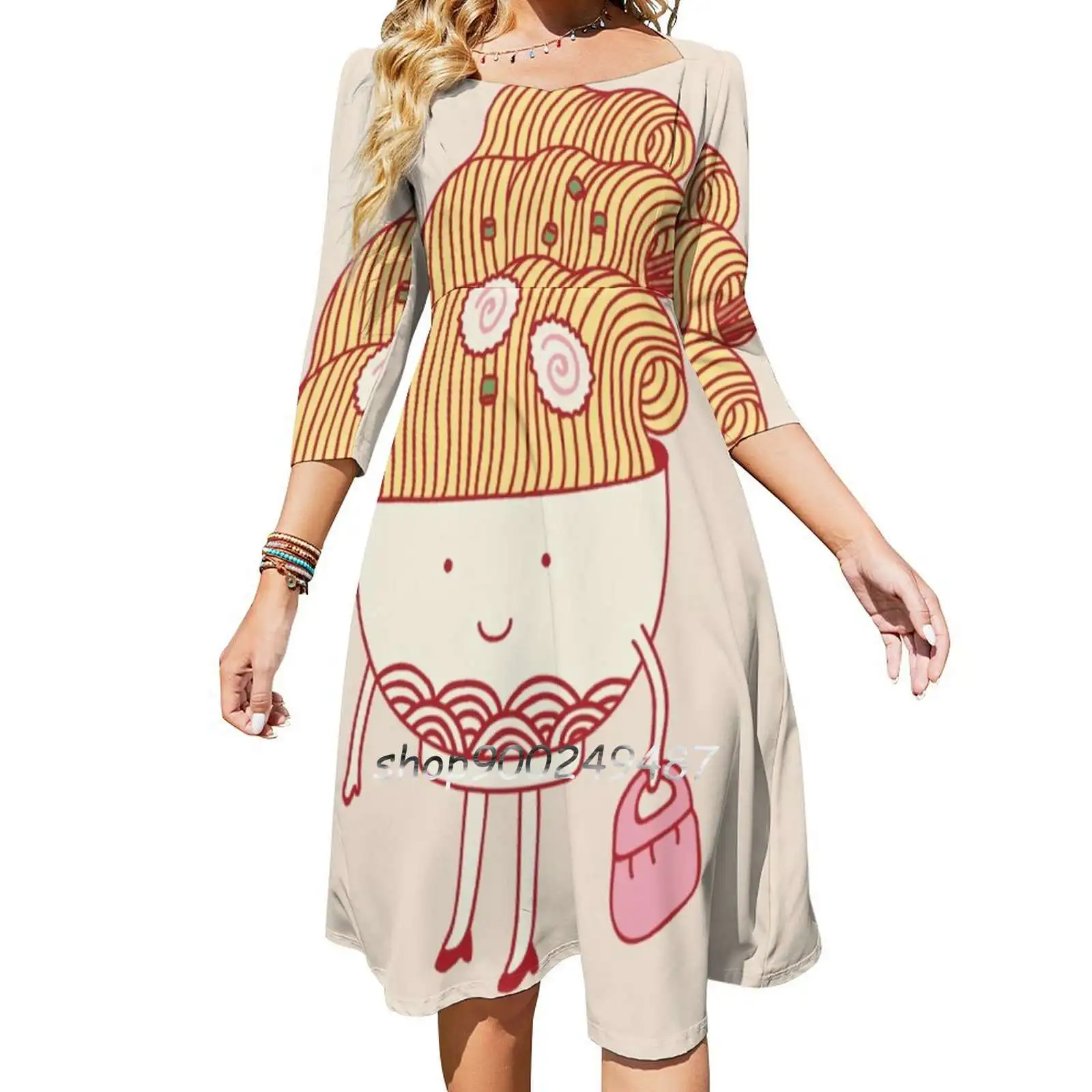 

Ra ( Wo ) Men Square Neck Dress Sweet Summer Dress Women Elegant Halter Print Dress Ramen Noodle Eat Happy Funny Cute Pun