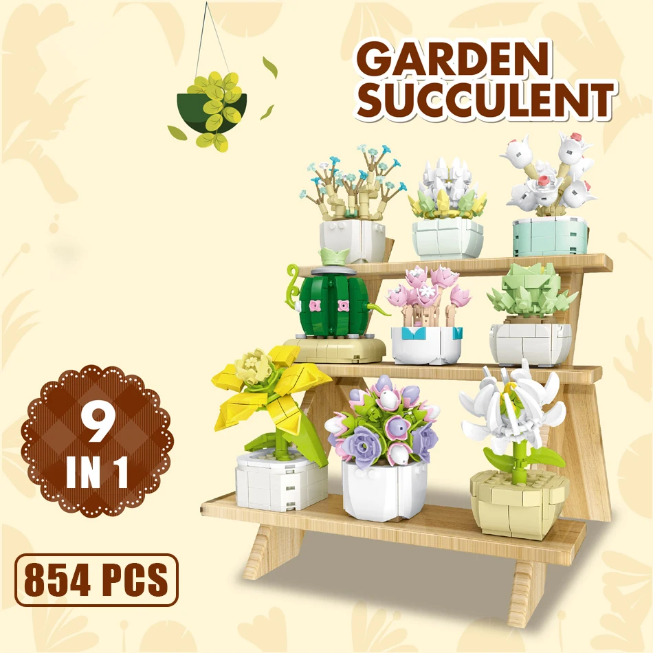 

2024 Gardens Potted Plants Model DIY Bricks Toys 9 in 1 Everlasting Flower Succulents Cactus MOC Building Blocks for Kids Gifts