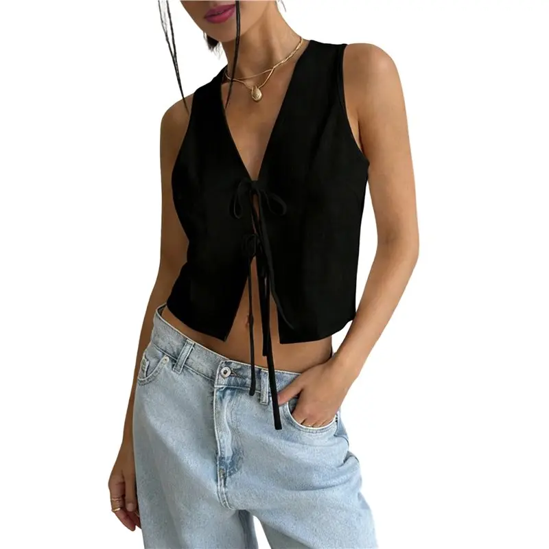 

CYL-Women's Linen Clothes Tie Front Tops Going Out Top Trendy Sleeveless Vest Shirts