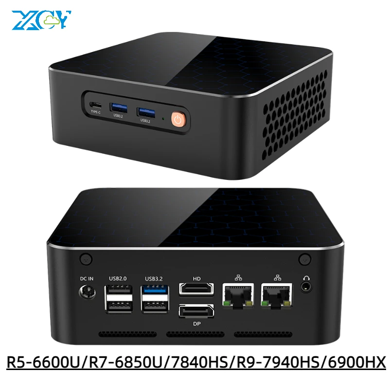 XCY MINI PC AMD Ryzen 5 6600U R7 7840HS R9 7940HS 2xDDR5 Gniazda 2xM.2 SSD PICE4.0 Windows 11 WiFi6 BT5.0 Type-C USB4.0 8K