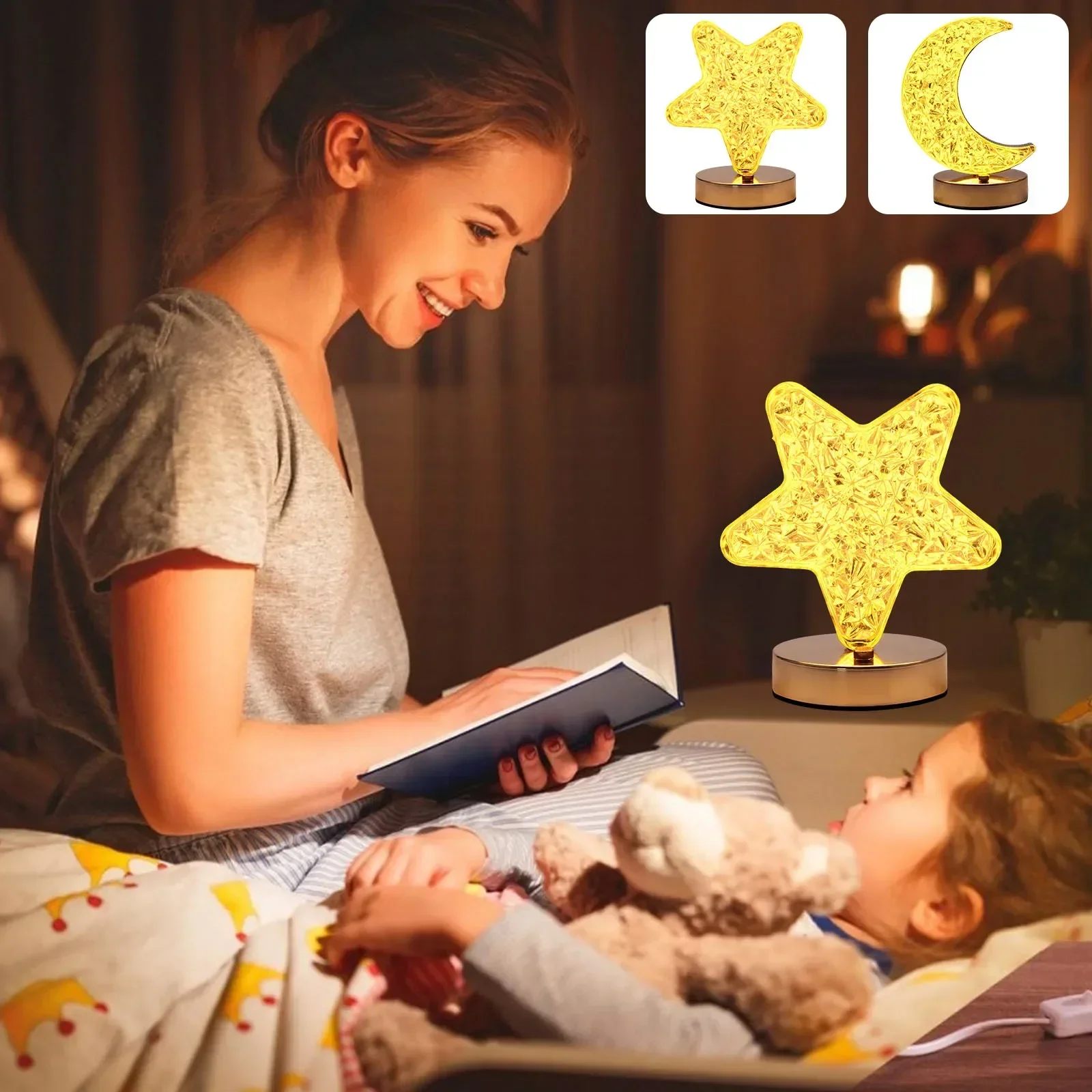 LED Crystal Lamp Star Moon Small Night Light 3 Colors Table Touch Stepless Dimming USB Rechargeable Bedroom Decor Lantern