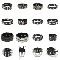 2023 Skull Punk Gothic Bracelet Chains Metal Stud Spikes Rivet Pu Leather Wristband Bangle Wide Cuff Bracelet Women Men Jewelry