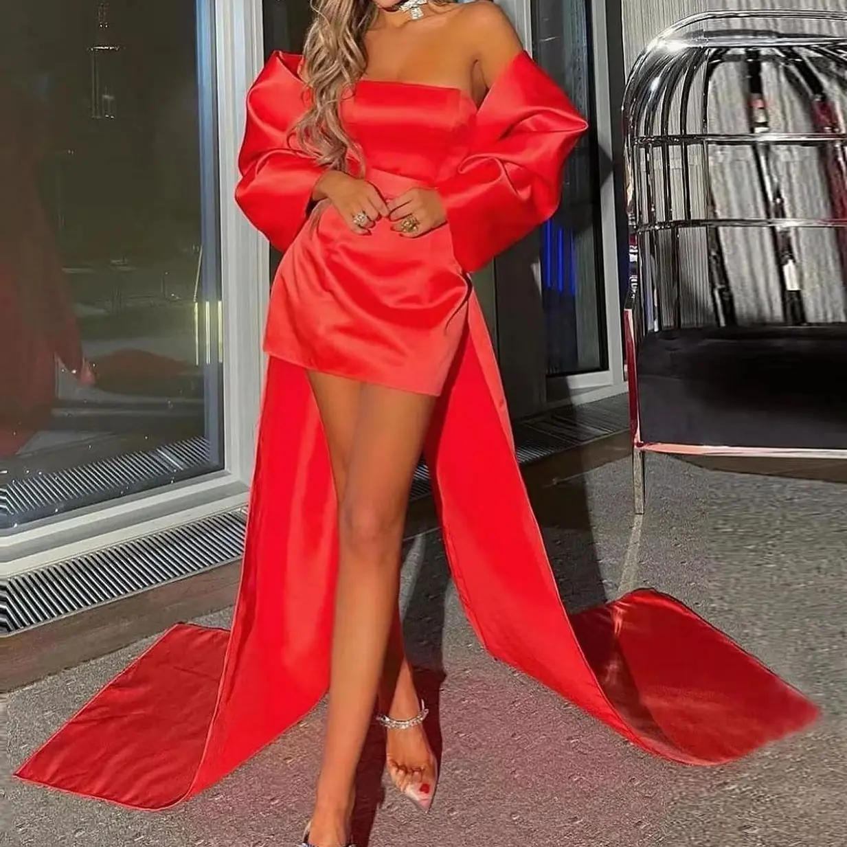 2025 Mini Length Bow Sleeves Long Train Short Cocktail Formal Dress Red Big Bow Party Dresses  Women Birthday Event Gala Gowns