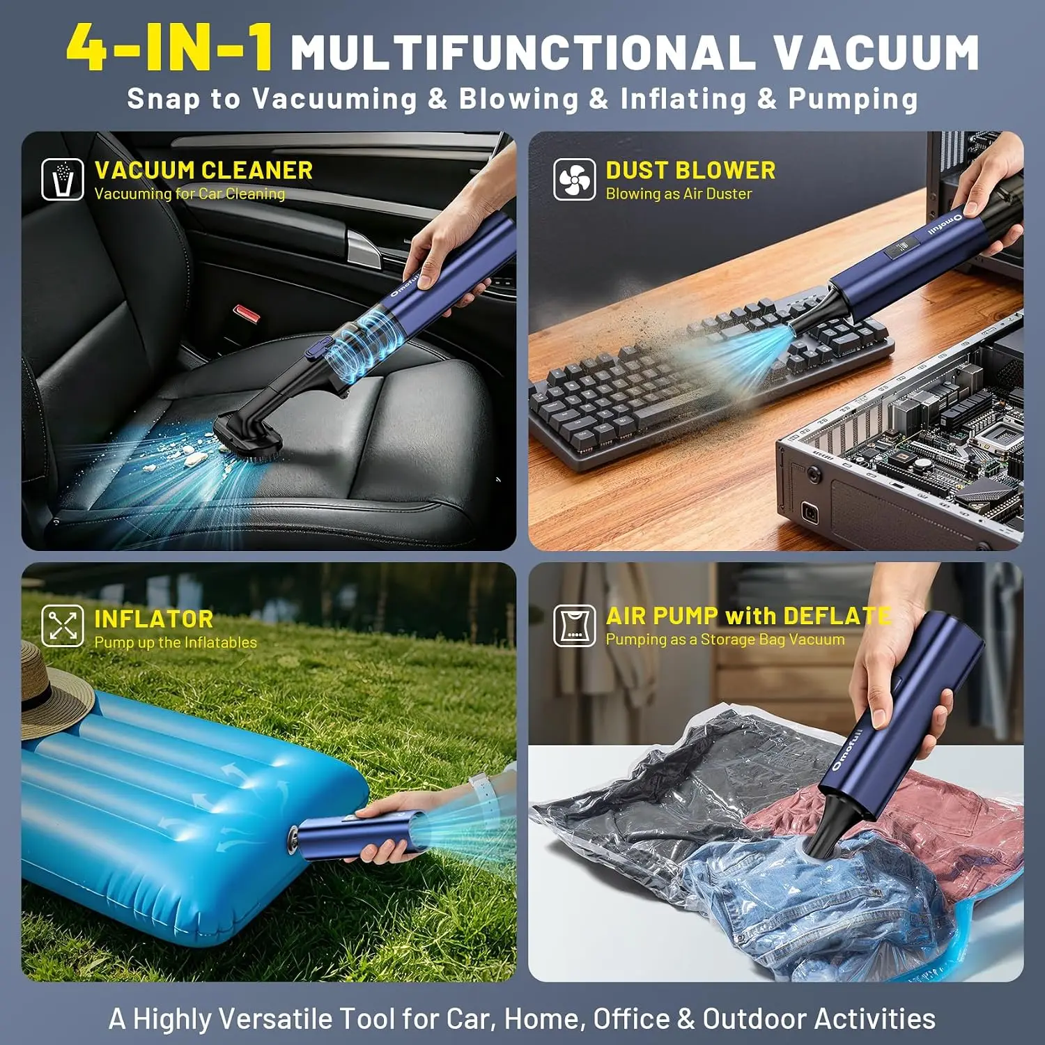 19500Pa 4-in-1 Cordless Vacuum & Air Duster, 140W Handheld Vacuum Cleaner for Car Home Pet view 3