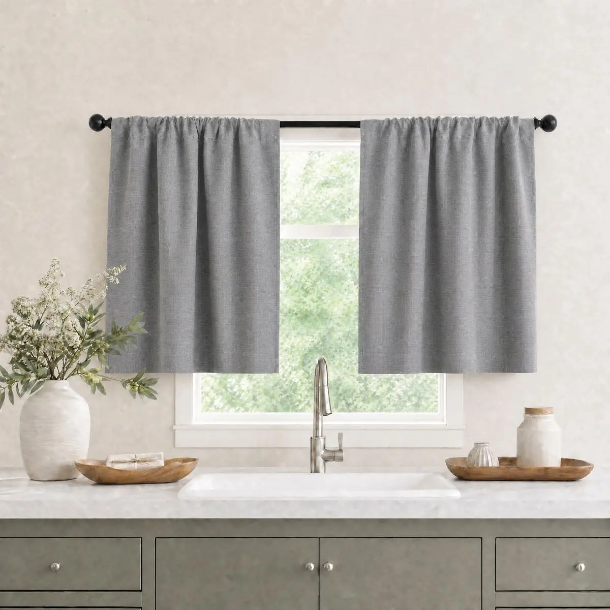 1 Piece, Gray and Beige Vintage Minimalist Full Blackout Small Curtain, Faux Linen Texture Fabric, Lightweight Design, Black Blackout Coating, 100% Blackout, Privacy Protection, Rod Pocket Design, Polyester Material, Washable, Suitable for All Seasons, Bohemian Style Home Curtains, Coffee Curtains, Suitable for Kitchen, Bathroom, Bay Window, Hallway, Living Room, Bedroom, Dining Room, Office
