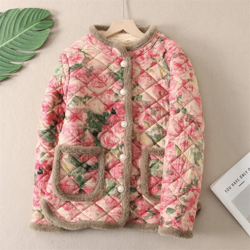 

New Autumn Winter Vintage Fashion Women Print Cotton Jackets Lady Solid O-neck Parka Long Sleeve Coats Slim Short Outerwear 2539