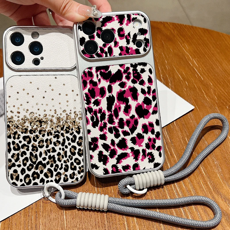 Leather Texture Phone Case For iPhone 17 Pro 16 15 14 13 Pro Max Gold Leopard Print Wrist Strap Lanyard Soft TPU Matte Cover view 3