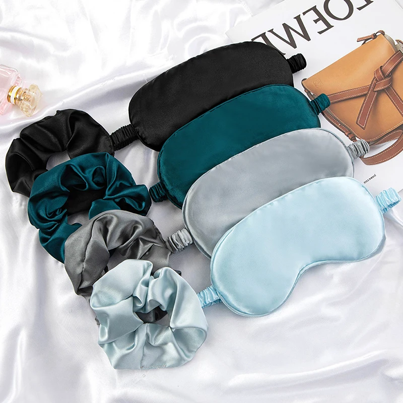 2Pcs Imitated Silk Eye Mask And Hair Scrunchie Set Soft Eye Night Blindfold For Women And Men Scrunchies Hair Ties