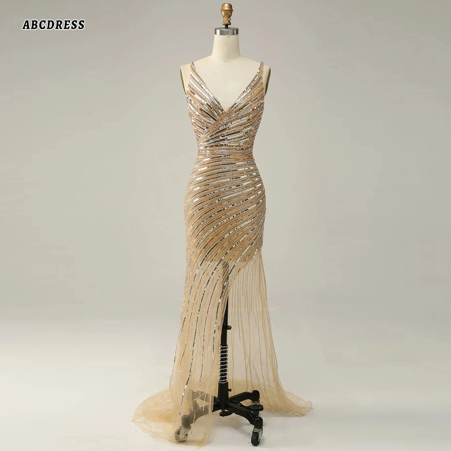 Customized Champagne Mermaid Long Prom Dress V‑Neck Sequin Tulle Formal Evening Gown Backless Wedding Guest Dresses