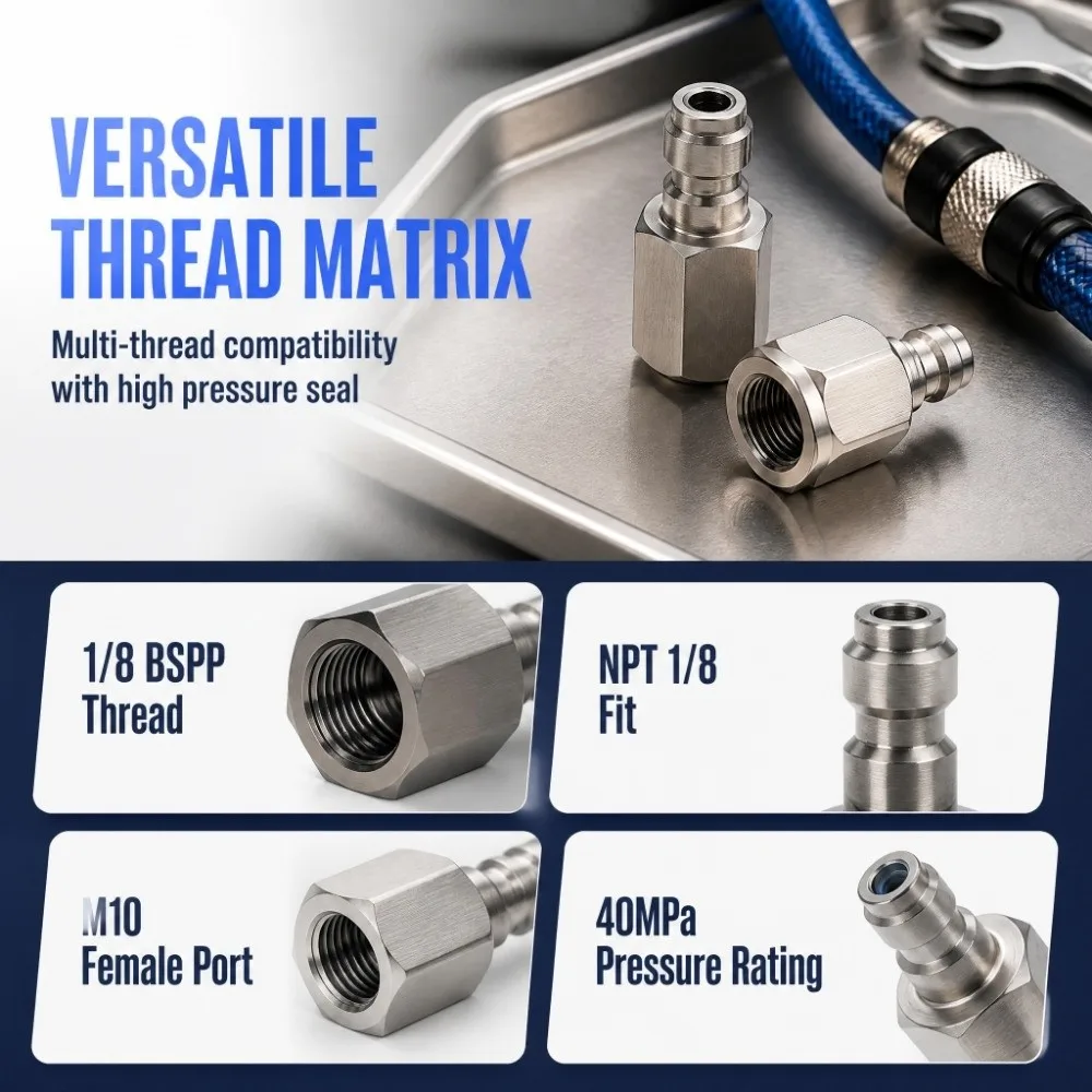 Heavy Duty Stainless Steel Quick Connect Fitting Silver 1/8 BSPP Thread Air Inflation Nozzle Check Valve Nozzle Pneumatic System