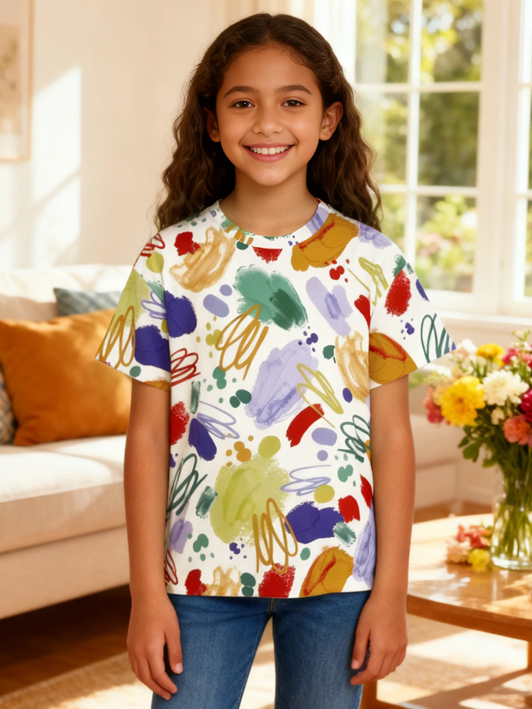 Vibrant hand-painted children's T-shirts, colorful splashing ink, lighting up happy play time