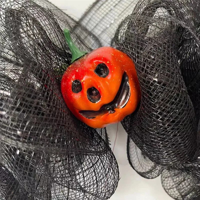 Couronne de Porte d'Halloween Artificielle d'Automne, Citrouille Noire et Orange, Tissu en Maille, Guirxiété pour Décoration Intérieure et Extérieure