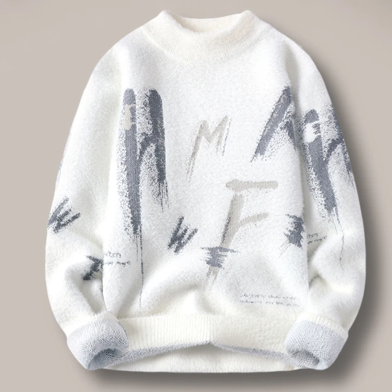 

Мужской вязаный свитер с высоким воротником, утепленный, осенне-зимний, молодежный, студенческий, повседневный, с принтом