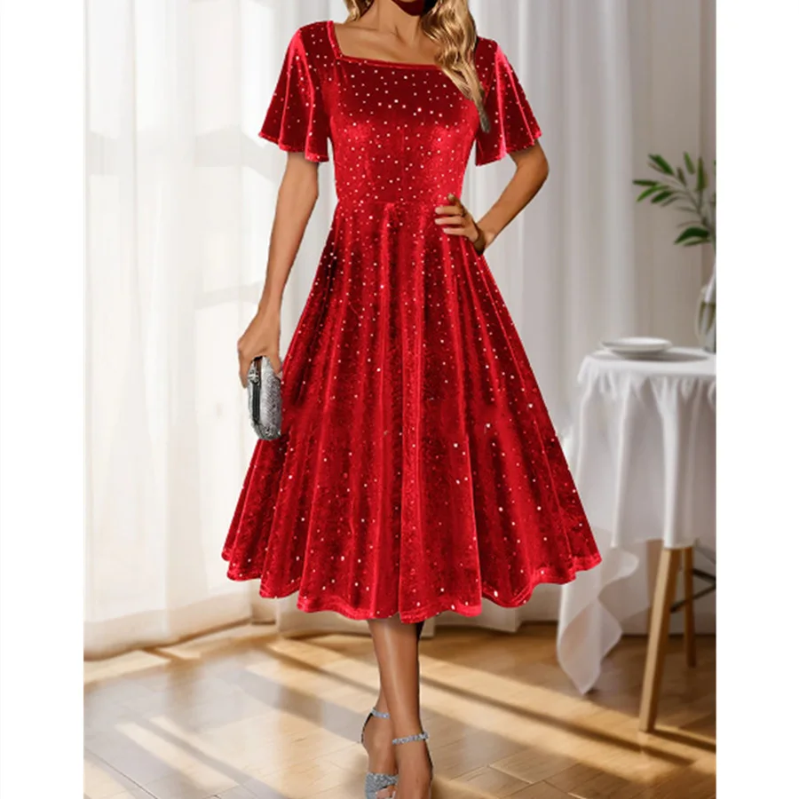 

SKMY 2026 Square Collar Short Sleeve Festival Dress Party Clubwear Glitter Velvet Elegant Evening Dress Summer Clothes For Women