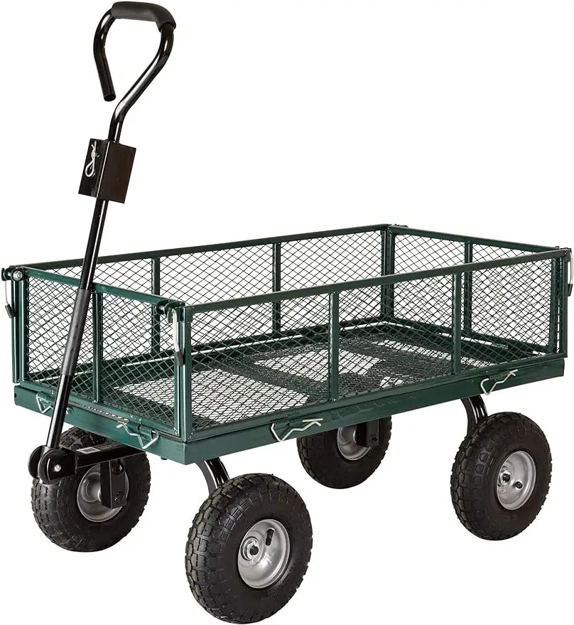 Garden Cart/Utility Cart, Hinged/Removeable Sidewalls, Four 10-inch Wheels, Loop Handle with Convertible Hitch Attachment