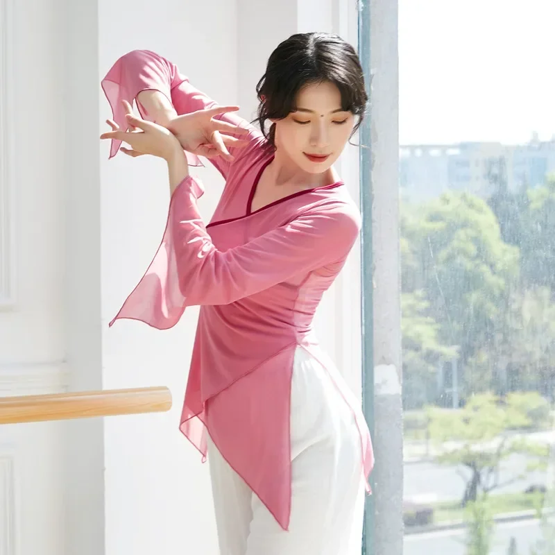 

Классическая танцевальная марлевая одежда для тела, женская элегантная тренировочная одежда, топы, часы для китайского народного танца, одежда для выступлений