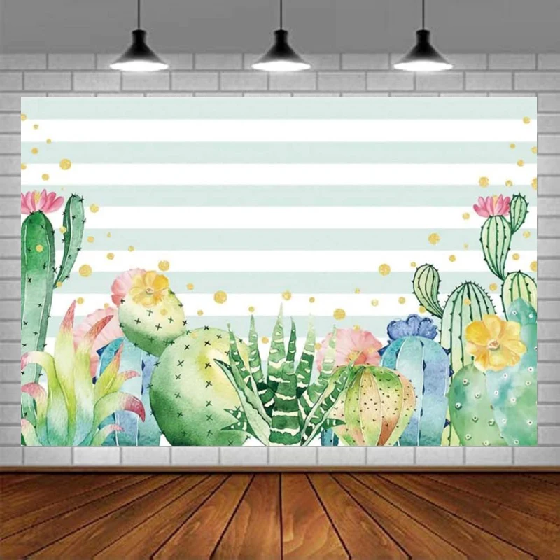 Photography Backdrop Cactus Floral For Watercolor Succulent Desert Plants Green White Striped Background Mexican Fiesta Birthday