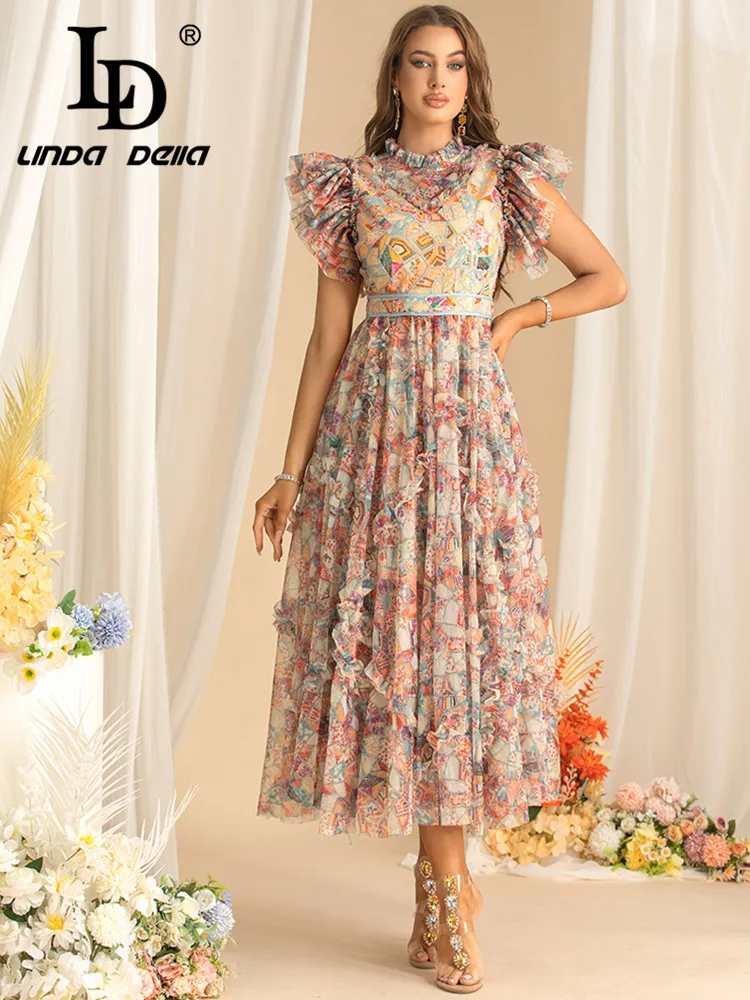 LD LINDA DELLA Autumn Sequins Slim Women's Dress Butterfly sleeve Edible Tree Fungus Edge Bohemian Holiday Dresses