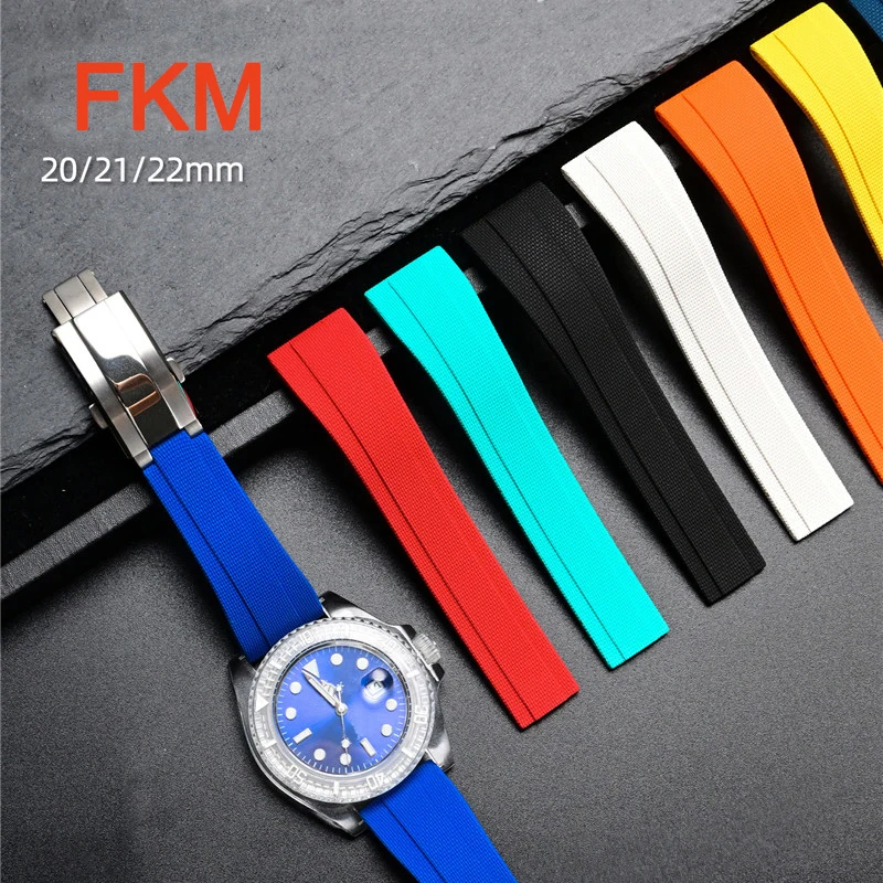 Fluoro Rubber FKM Watch Strap 20mm 21mm 22mm Flat End Folding Buckle Men Universal Watch Band for Rolex Submariner for Daytona