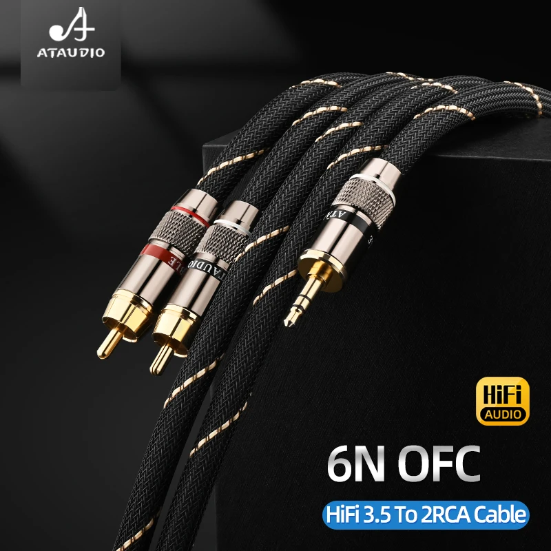 ATAUDIO HiFi 3.5mm to 2RCA Audio Cable 6N OFC Conductor Audiophile Y‑Splitter Interconnect Cable for Amplifier Audio Player