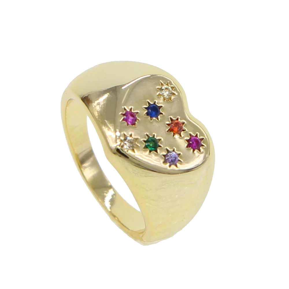 Heart shape star signet ring Gold color filled fashion european women rainbow cz inset engagement rings