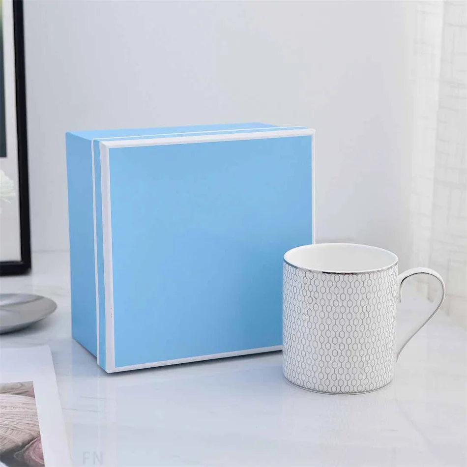European-Style White Bone China Mug with Silvery Geometric Patterns High-End Ceramic Tableware Household Drinkware Wedding Gift