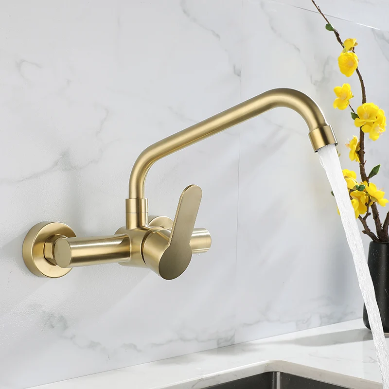 Wall Mounted Kitchen Faucet Rotation Sink Water Mixer Brushed Gold Laundry Faucet