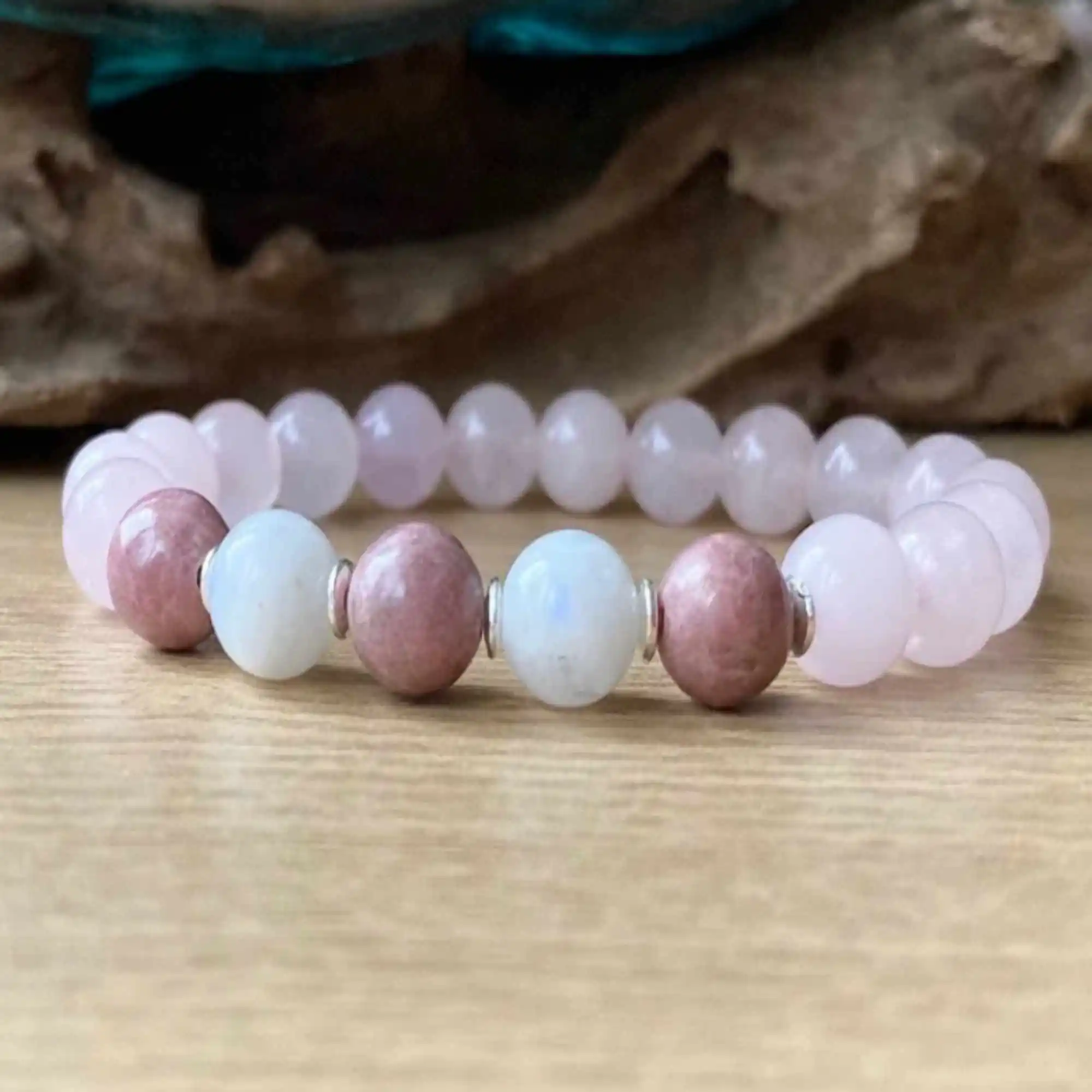 

Natural 8mm Moonstone Rose Quartz Rhodochrosite beads bracelet Chakra Taseel Fancy Healing Inspiration Colorful Wristband