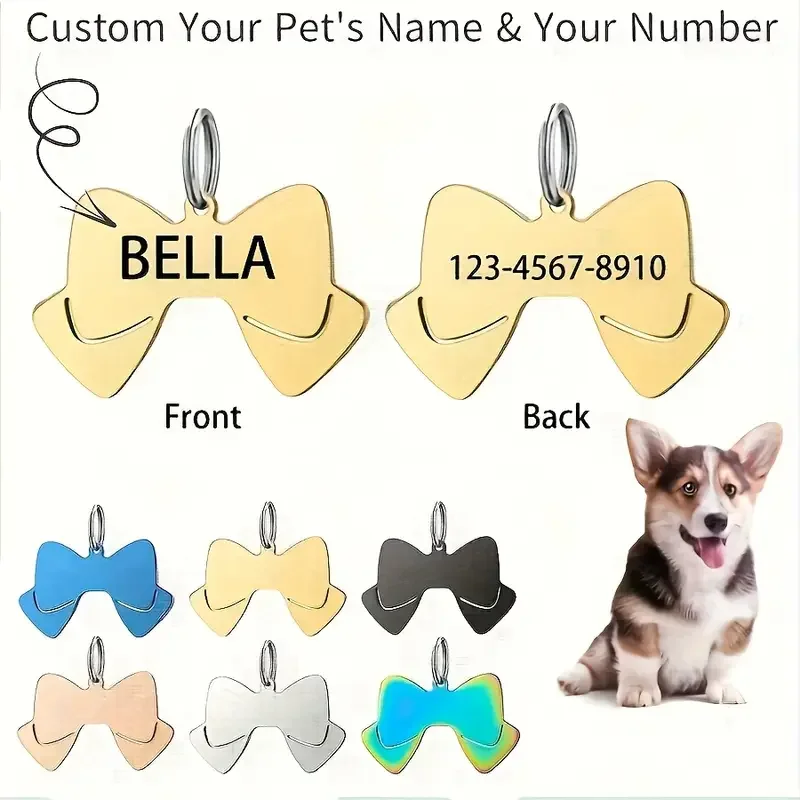 Double Side Personalized Name Bow Dog Pendant Bow Tie Pet Collar Accessories Cat Dog Tag Puppy ID Customized Anti-lost Name Tag