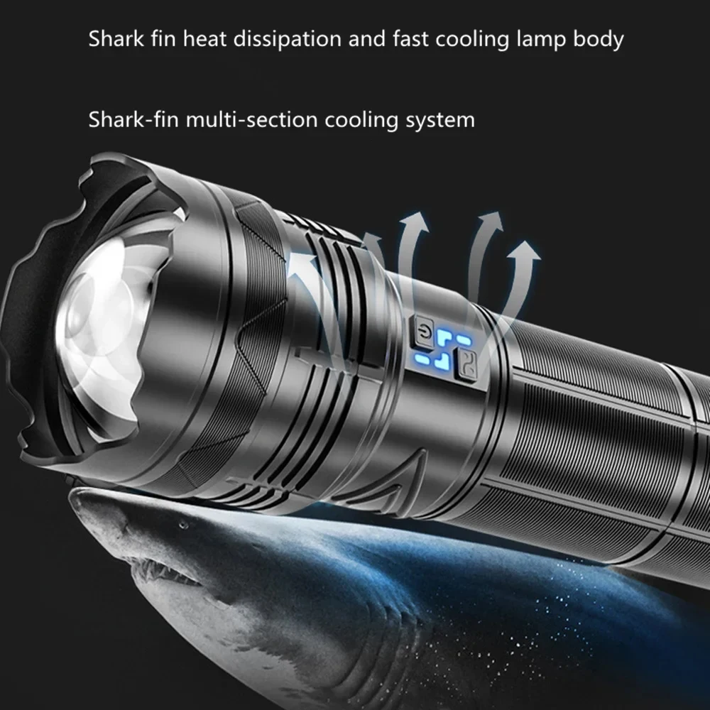 Powerful LED Flashlight Super Bright Spotlight Power Display Long Range Zoomable Torch Outdoor Emergency Tactical Search Lantern